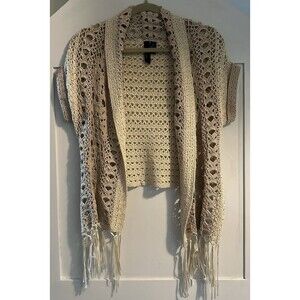 Women’s Boutique Crochet Cream High Low Shawl Duster Fringe Sz S